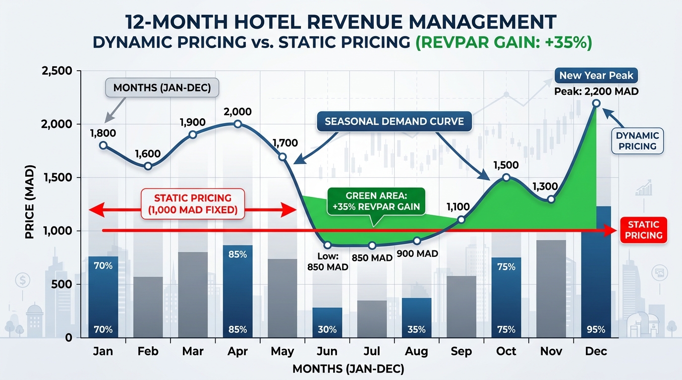 12-month dynamic seasonal pricing curve vs flat rate pricing chart showing RevPAR gain