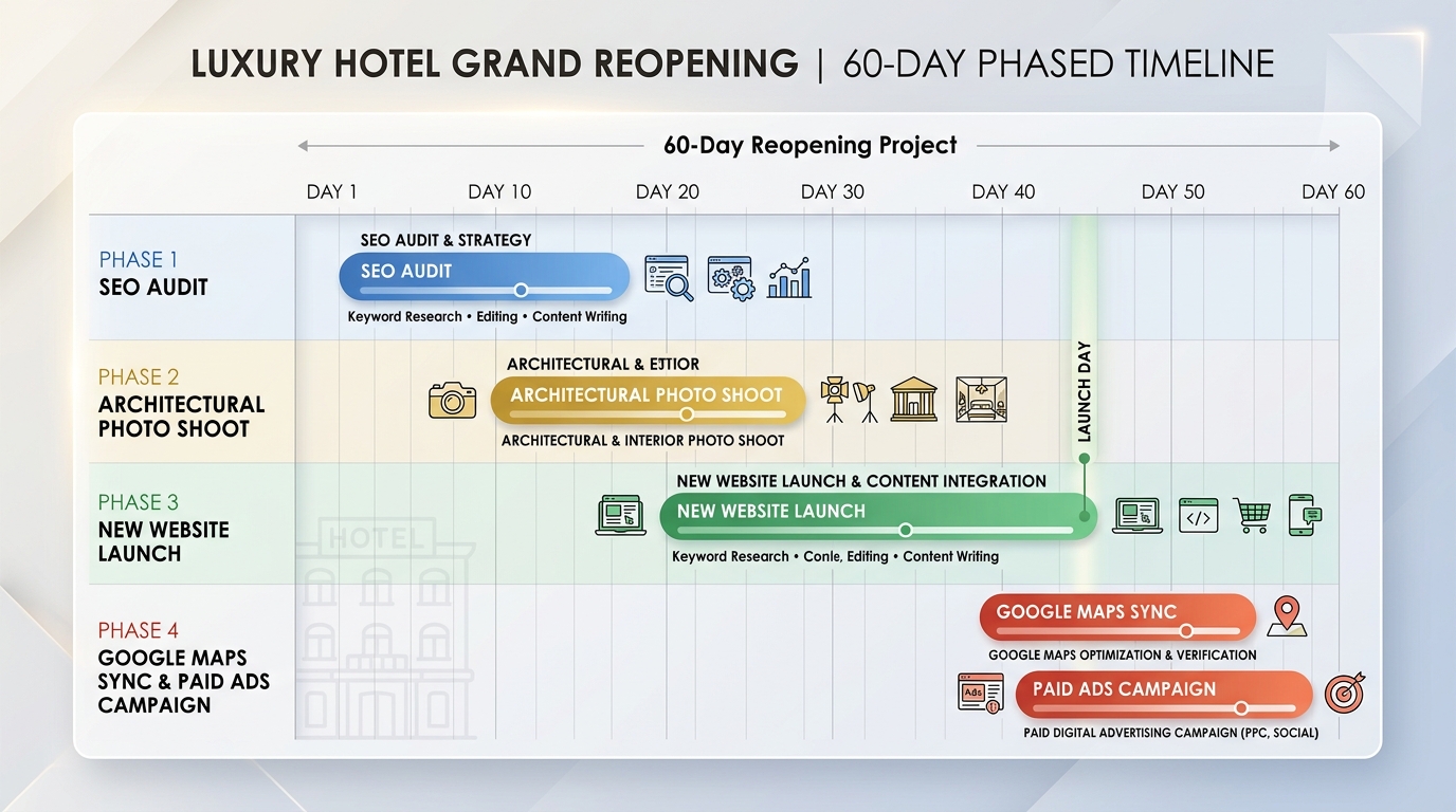 60-day horizontal Gantt chart detailing the 4 phases of a hotel reopening and digital launch