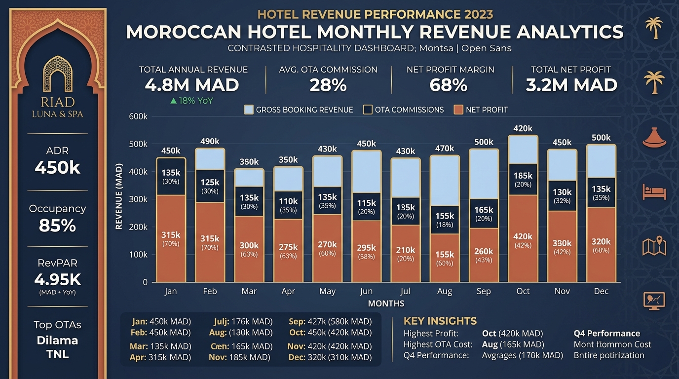 Comparative stacked bar chart showing Moroccan hotel gross revenue, OTA commissions, and retained net revenue