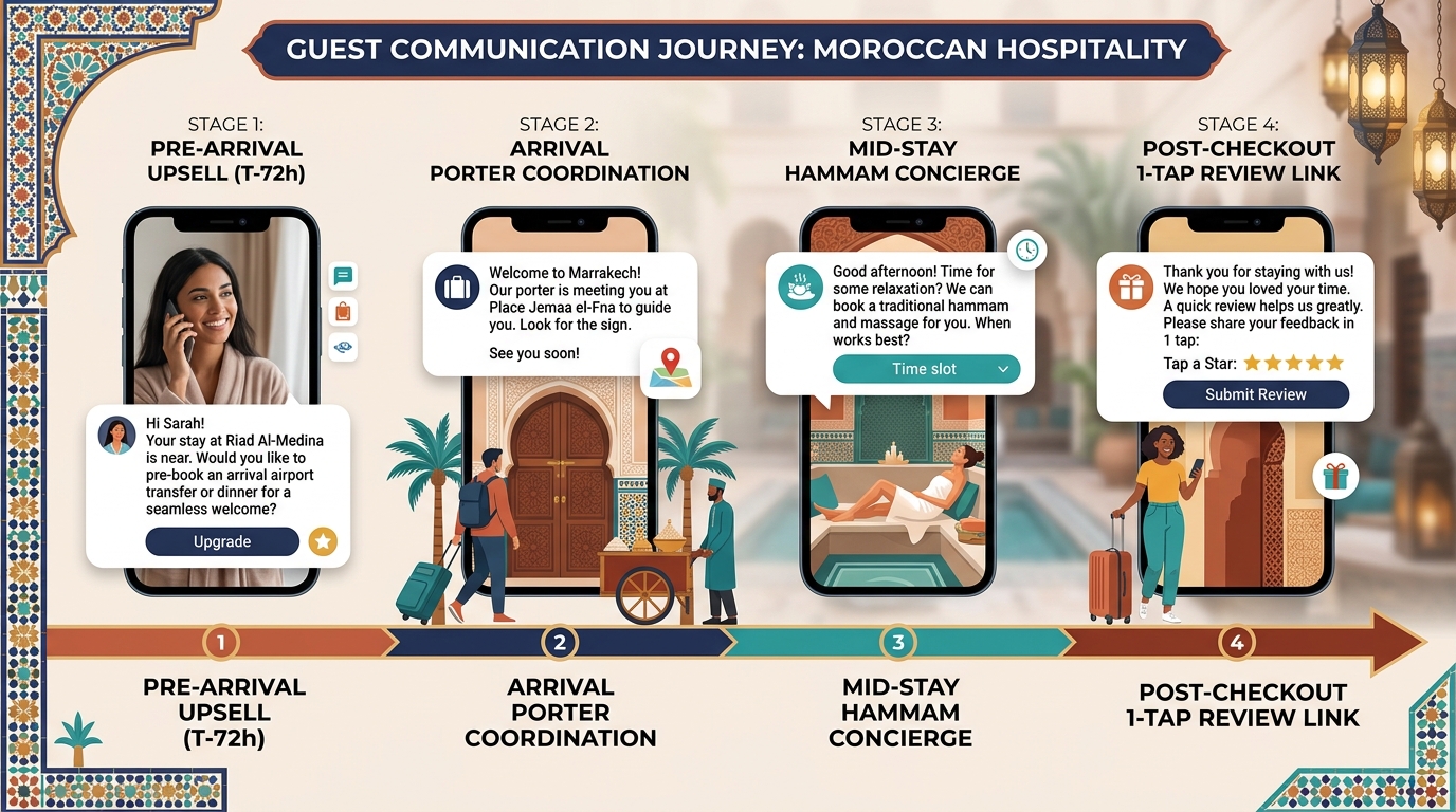 Horizontal guest communication journey timeline showing 4 automated WhatsApp stages