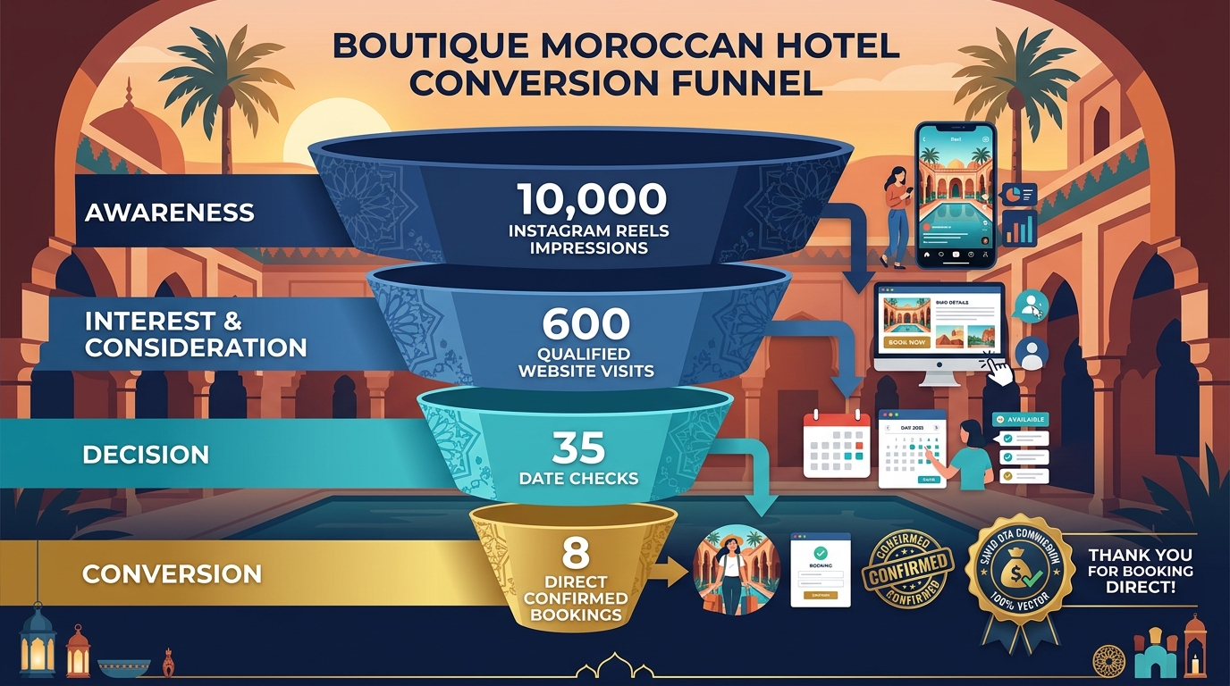 Boutique Moroccan hotel conversion funnel infographic for Meta Ads campaigns