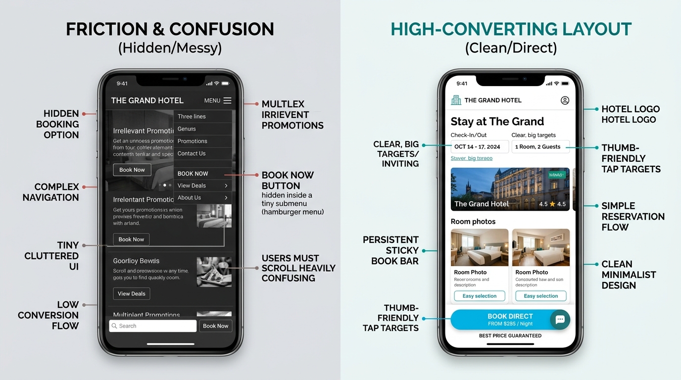 Mobile UX comparison: cluttered layout with hidden CTA vs clean layout with persistent sticky Book Direct bar