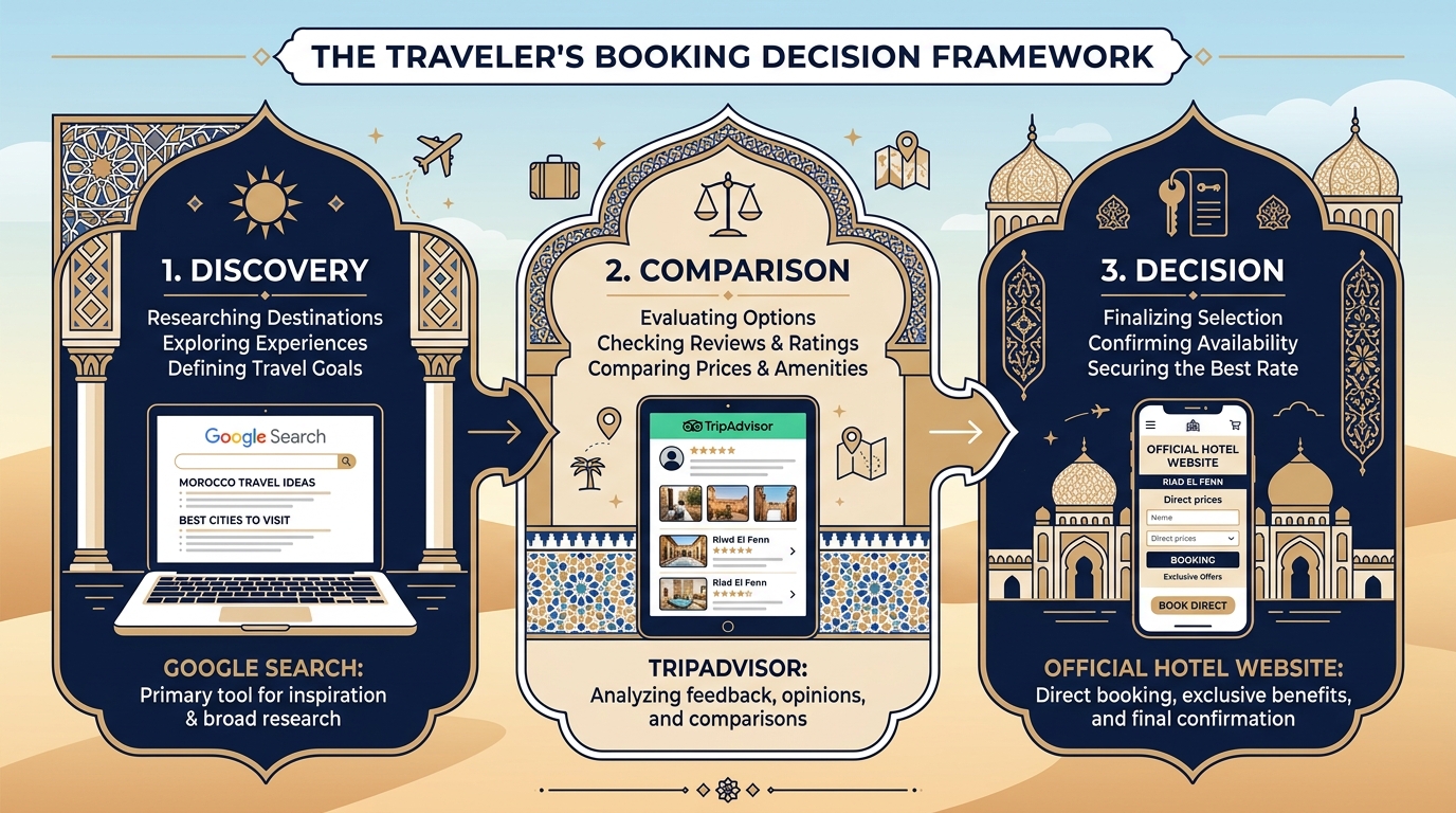 Three-tier traveler decision framework diagram: Discovery, Comparison, and Decision