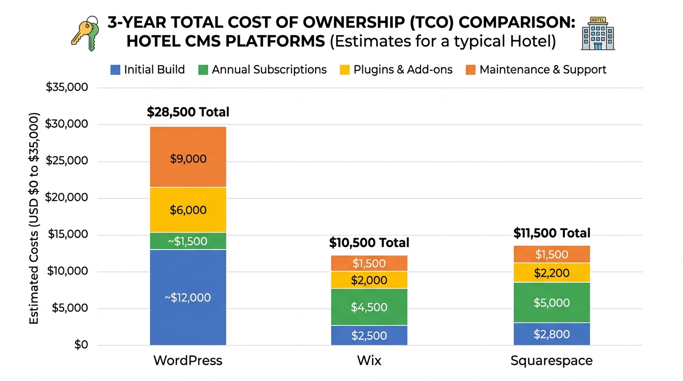 Graphique du coût total de possession (TCO) sur 3 ans : WordPress vs Wix vs Squarespace