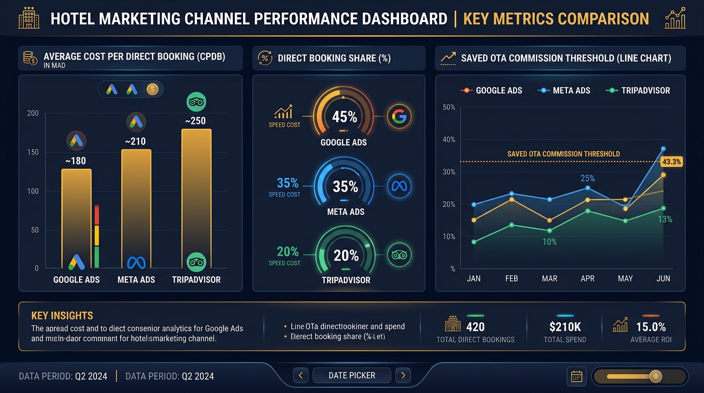 Tableau de bord de performance média comparant Google Ads, Meta Ads et TripAdvisor