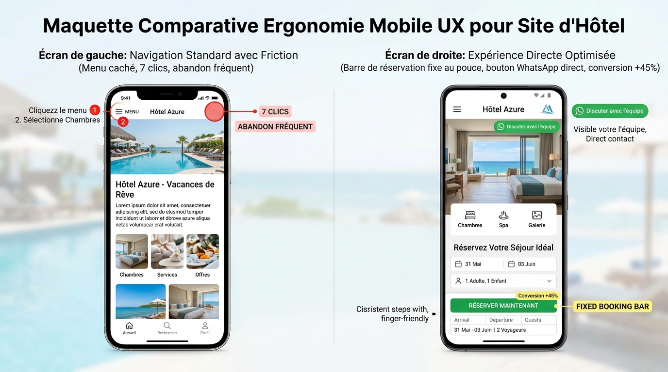 Parcours UX mobile comparatif entre navigation standard et barre de réservation fixe