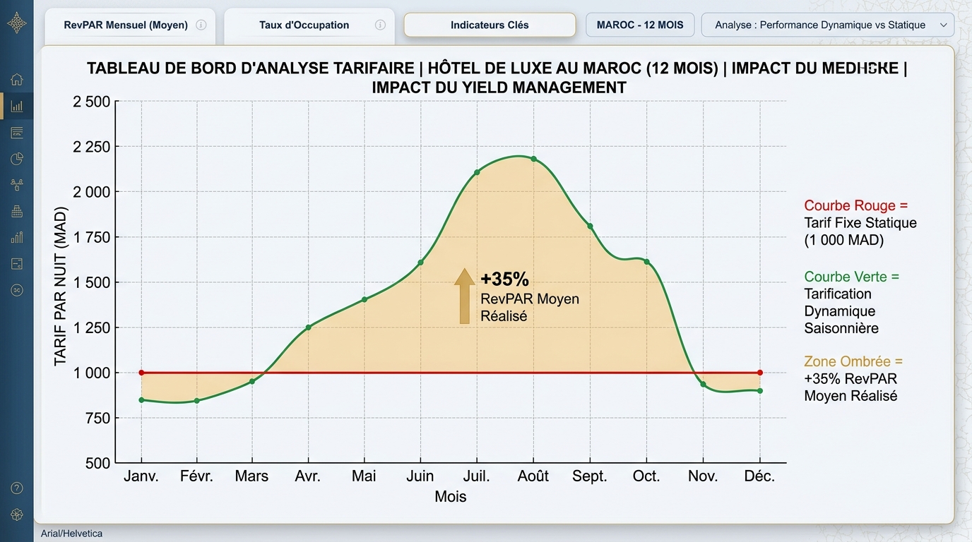 Courbe de tarification dynamique vs tarif fixe sur 12 mois et gain de RevPAR net