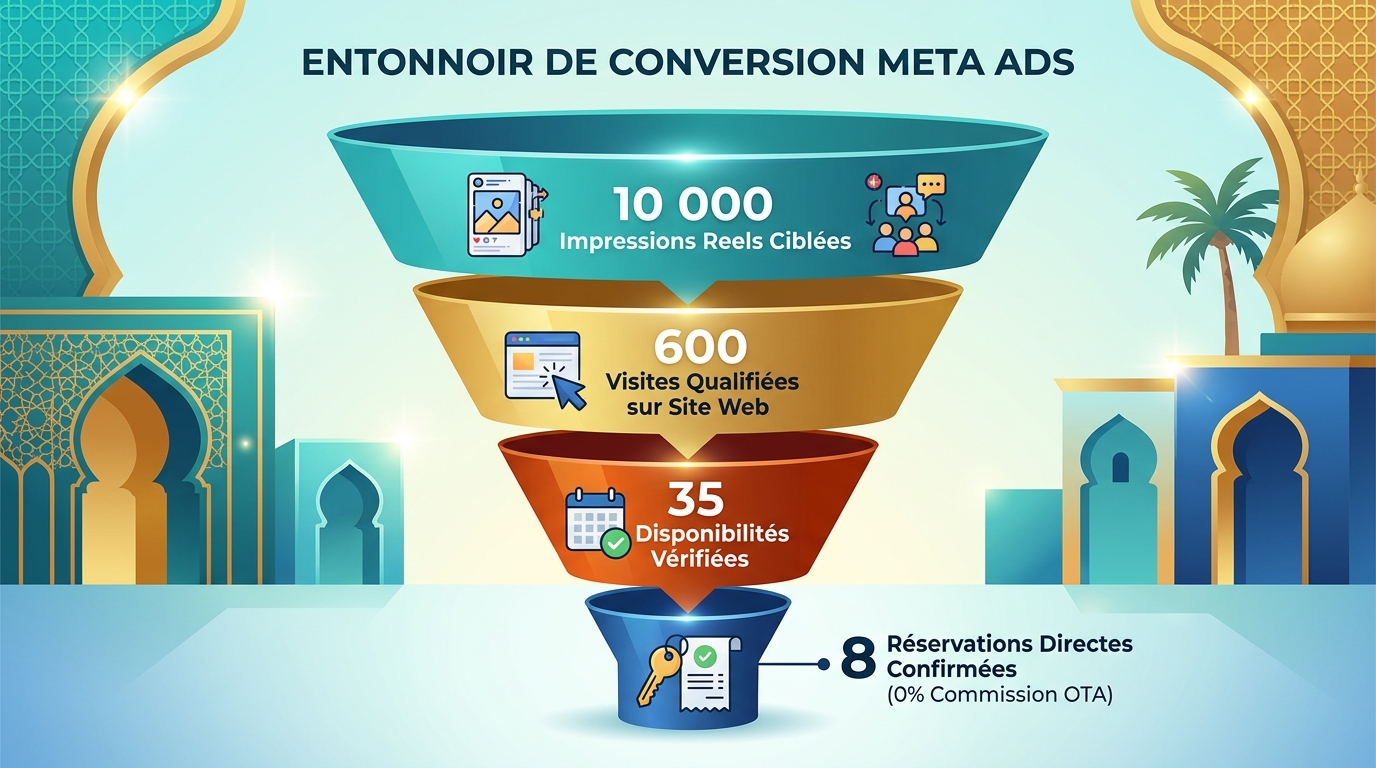 Infographie entonnoir de conversion Meta Ads pour hôtel indépendant au Maroc