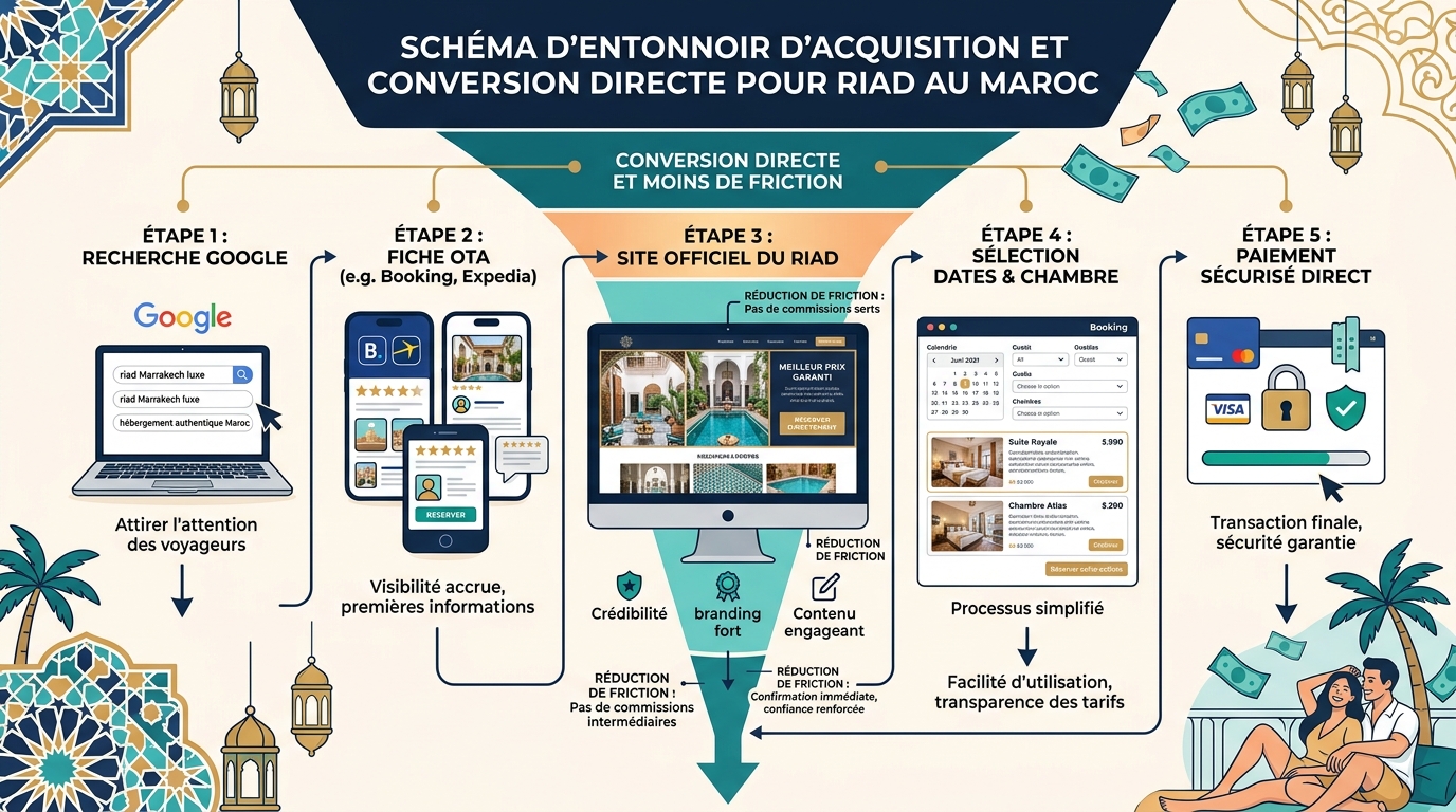 Entonnoir du parcours utilisateur en 6 étapes de la recherche Google à la réservation directe confirmée