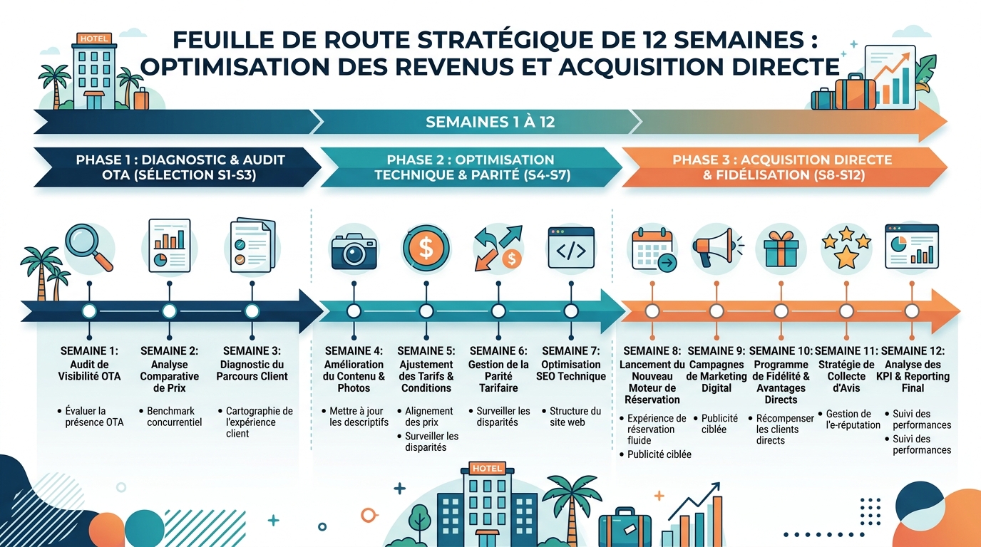 Calendrier stratégique sur 12 semaines pour réinternaliser les réservations directes d'un riad