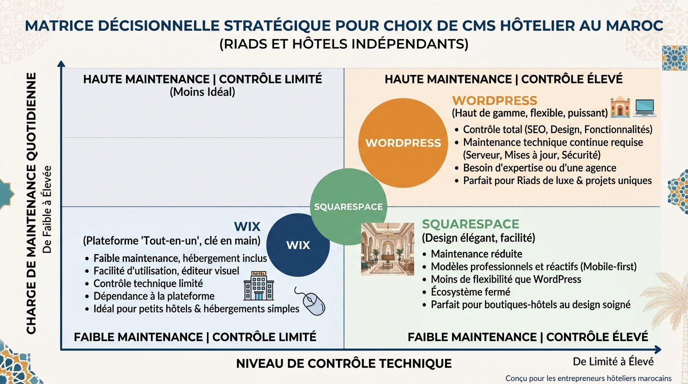 Matrice de décision CMS pour l'hôtellerie : WordPress vs Wix vs Squarespace