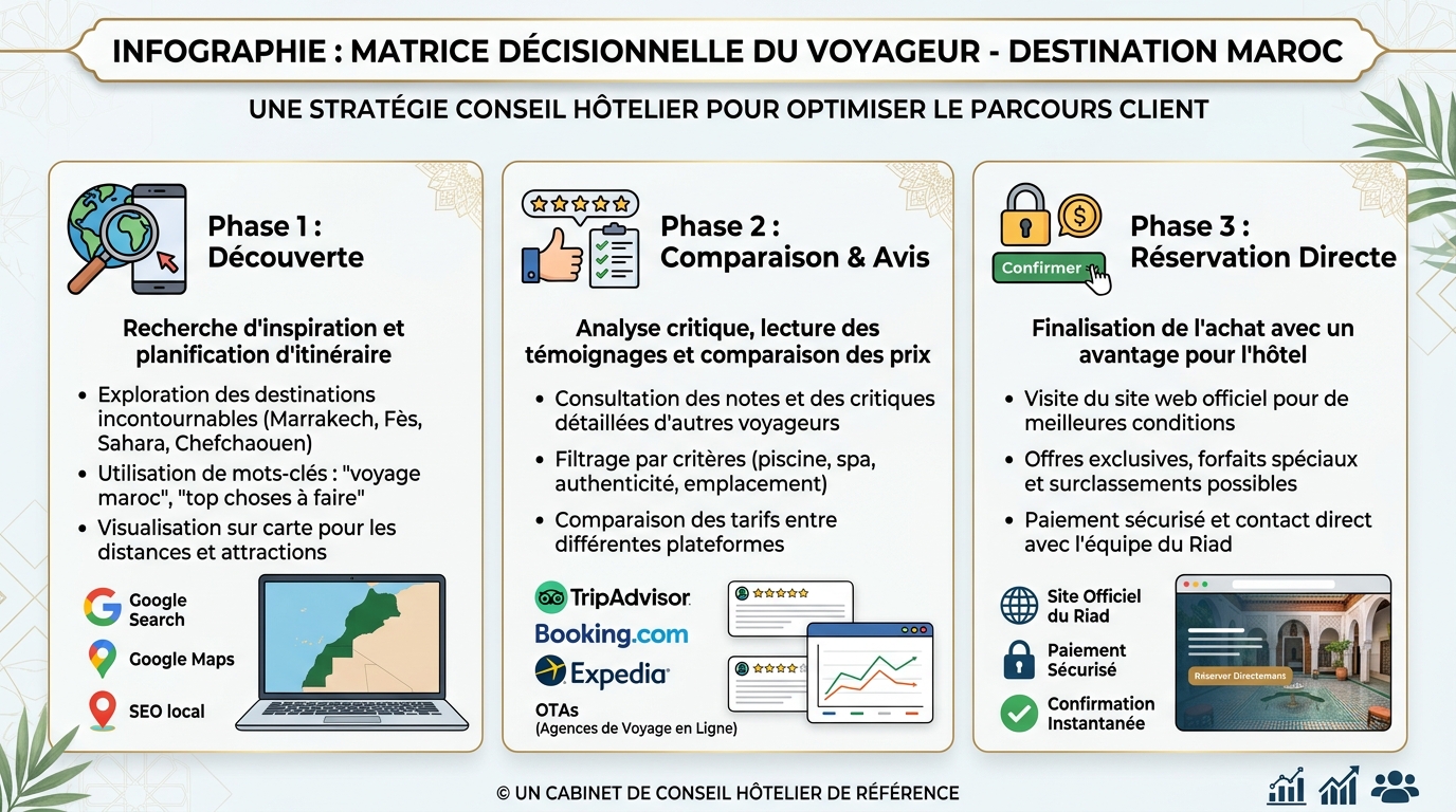 Cadre en 3 phases du parcours voyageur : Découverte, Comparaison et Décision