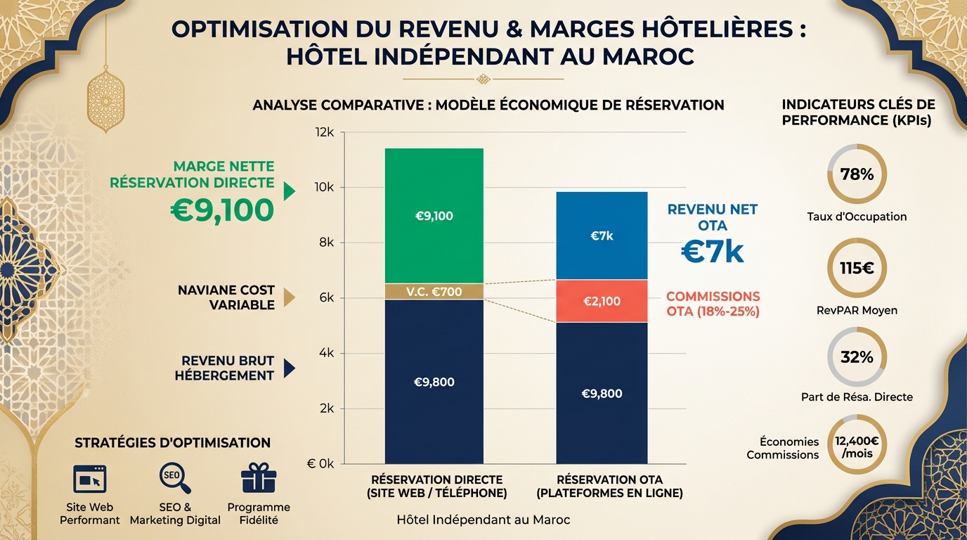 Graphique comparatif des revenus hôteliers bruts, commissions OTA et net conservé en réservation directe
