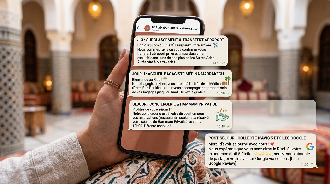 Diagramme du cycle client hôtelier en 4 étapes automatisées via WhatsApp