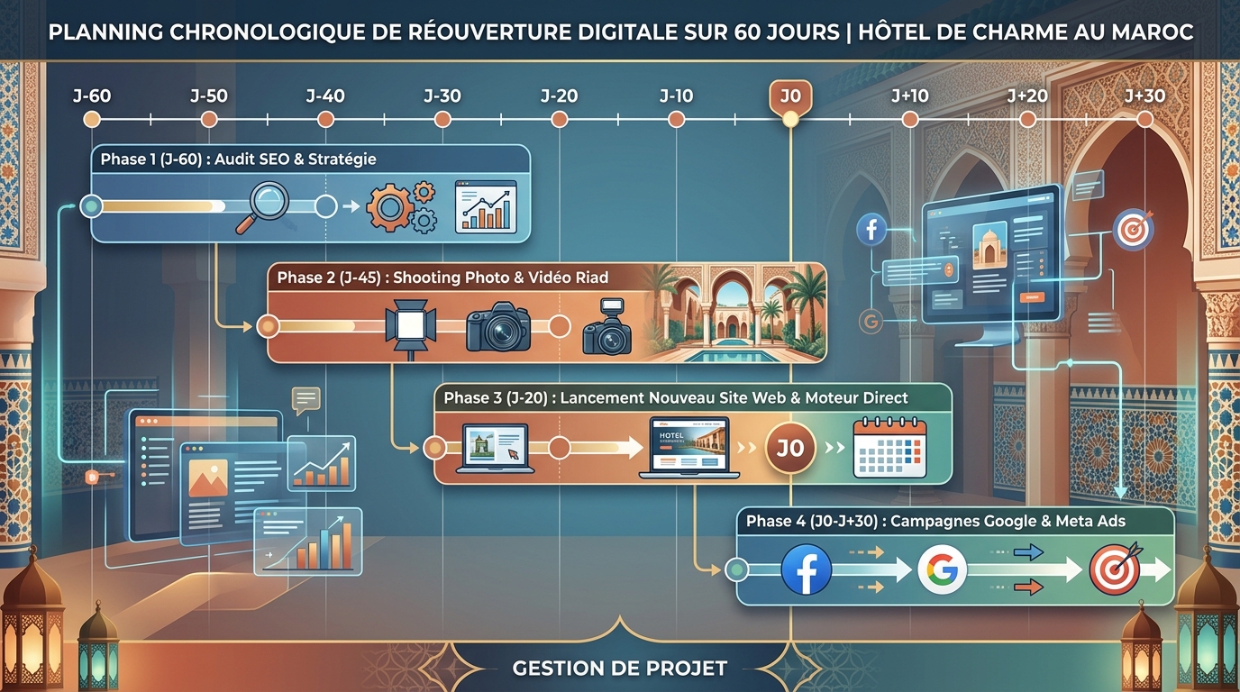 Diagramme de Gantt sur 60 jours pour la réouverture et relance digitale d'un hôtel rénové